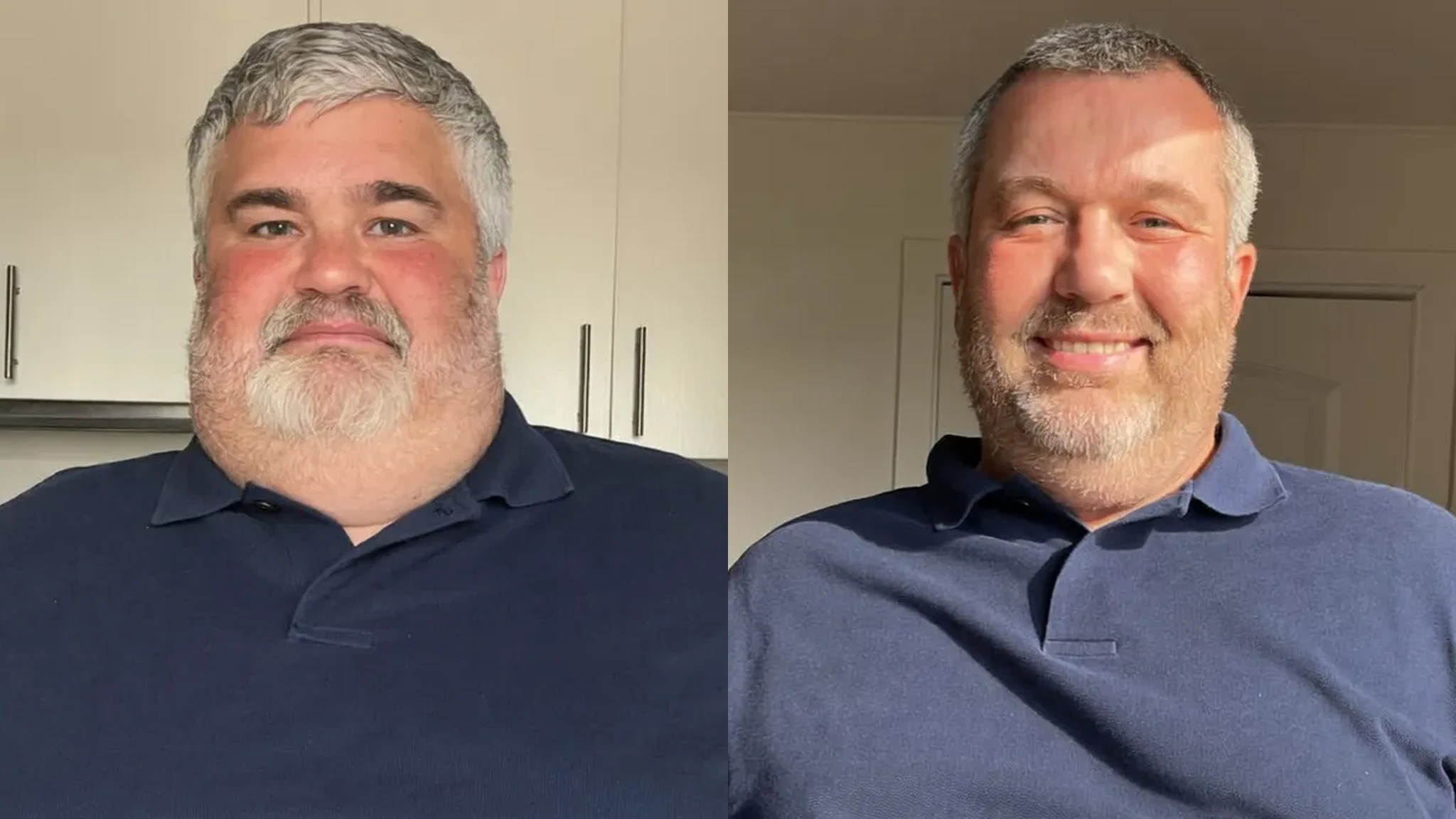 Before and after twelve weeks apart, the same man in his kitchen
