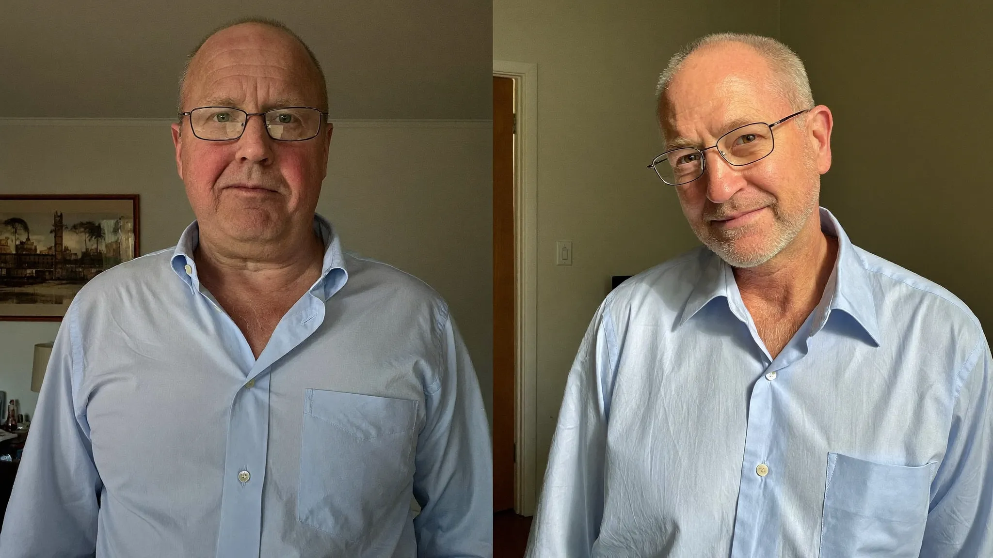 Before and after twelve weeks apart, the same man at home