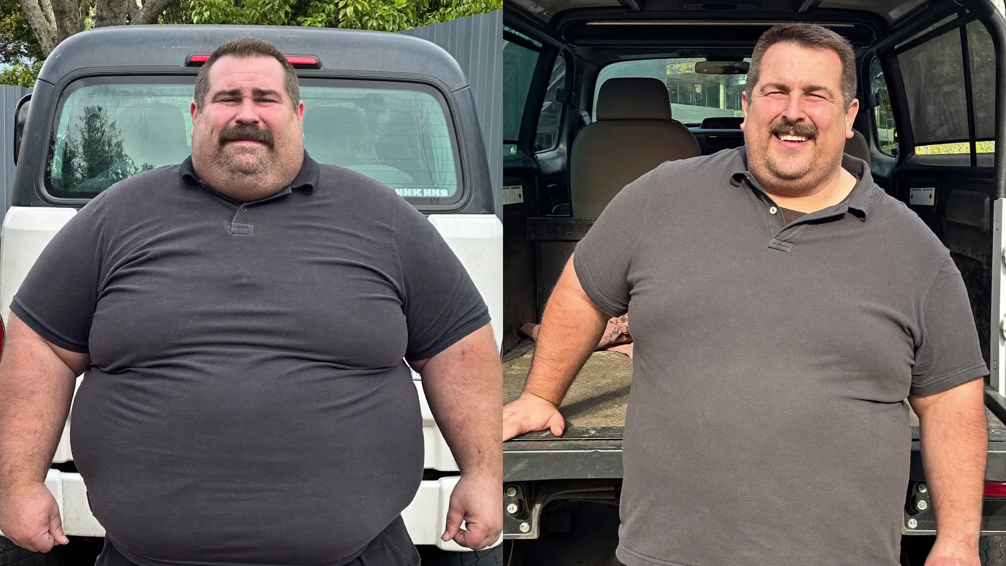 Before and after twelve weeks apart, the same man beside his ute