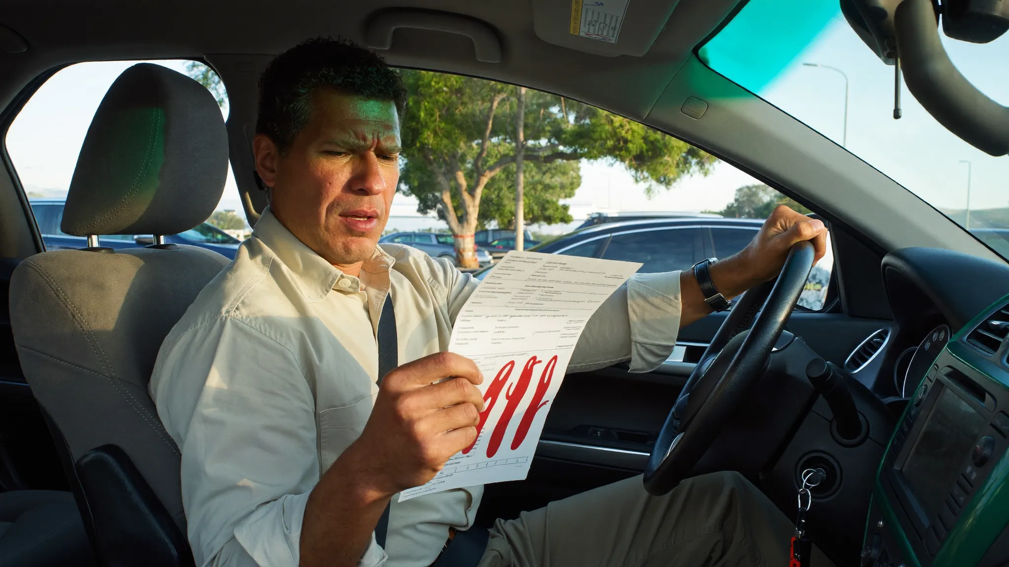 Reading a pathology report in a parked ute