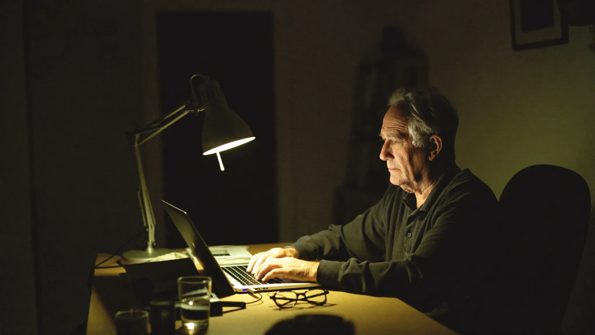 Working alone at a home office desk late at night