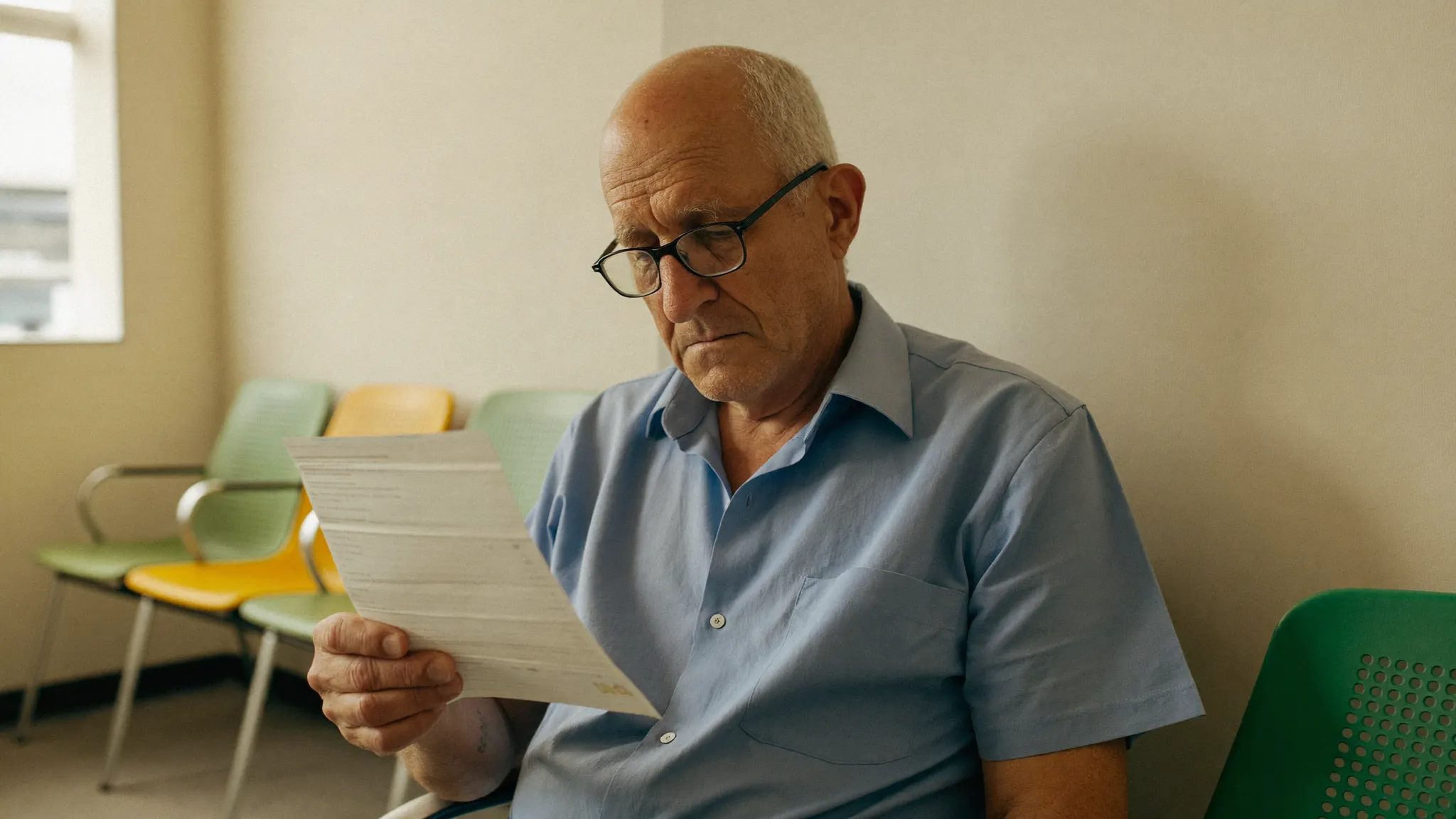 A man in a waiting room holding a pathology request form